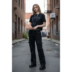 Y2K🖤 Hot Topic🤑Black Cargo Pants White Stitching‎ Goth Emo Grunge Baggy 30x32